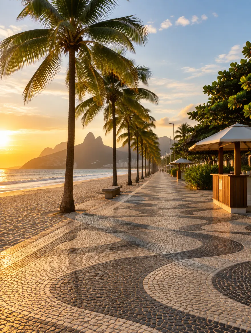 Calçadão com coqueiros ao lado da praia