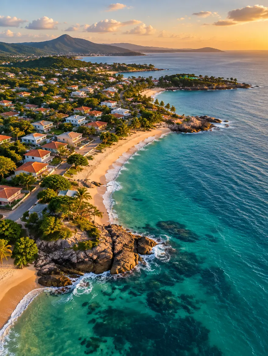 Vista aérea de cidade litorânea junto ao mar